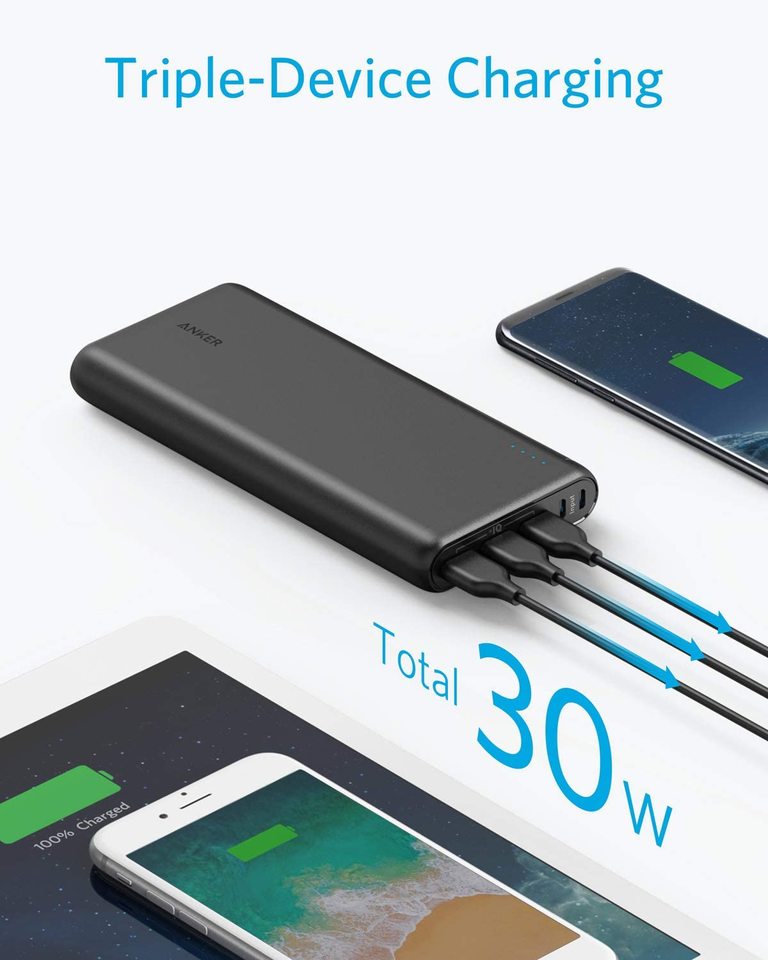 Anker portable charger with triple-device charging for phones and tablet