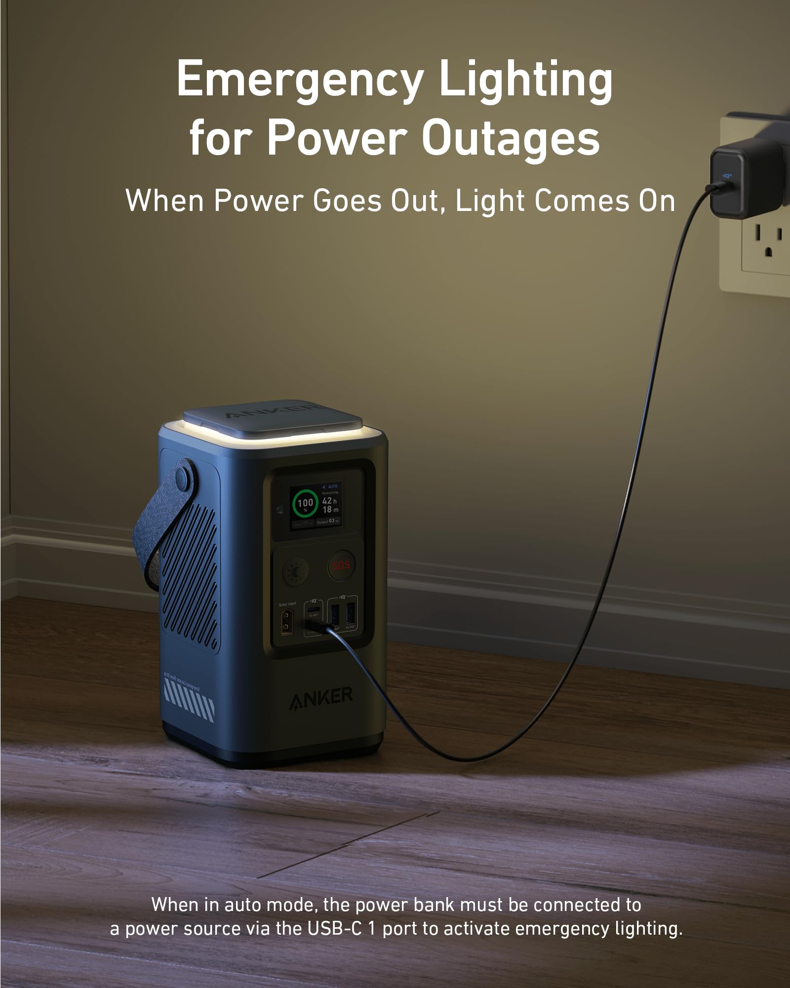 Anker power station with emergency lighting for outages