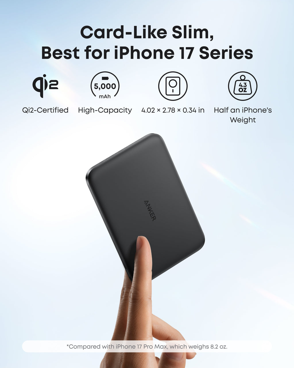 Anker power bank with slim Qi2-certified design for iPhone 17