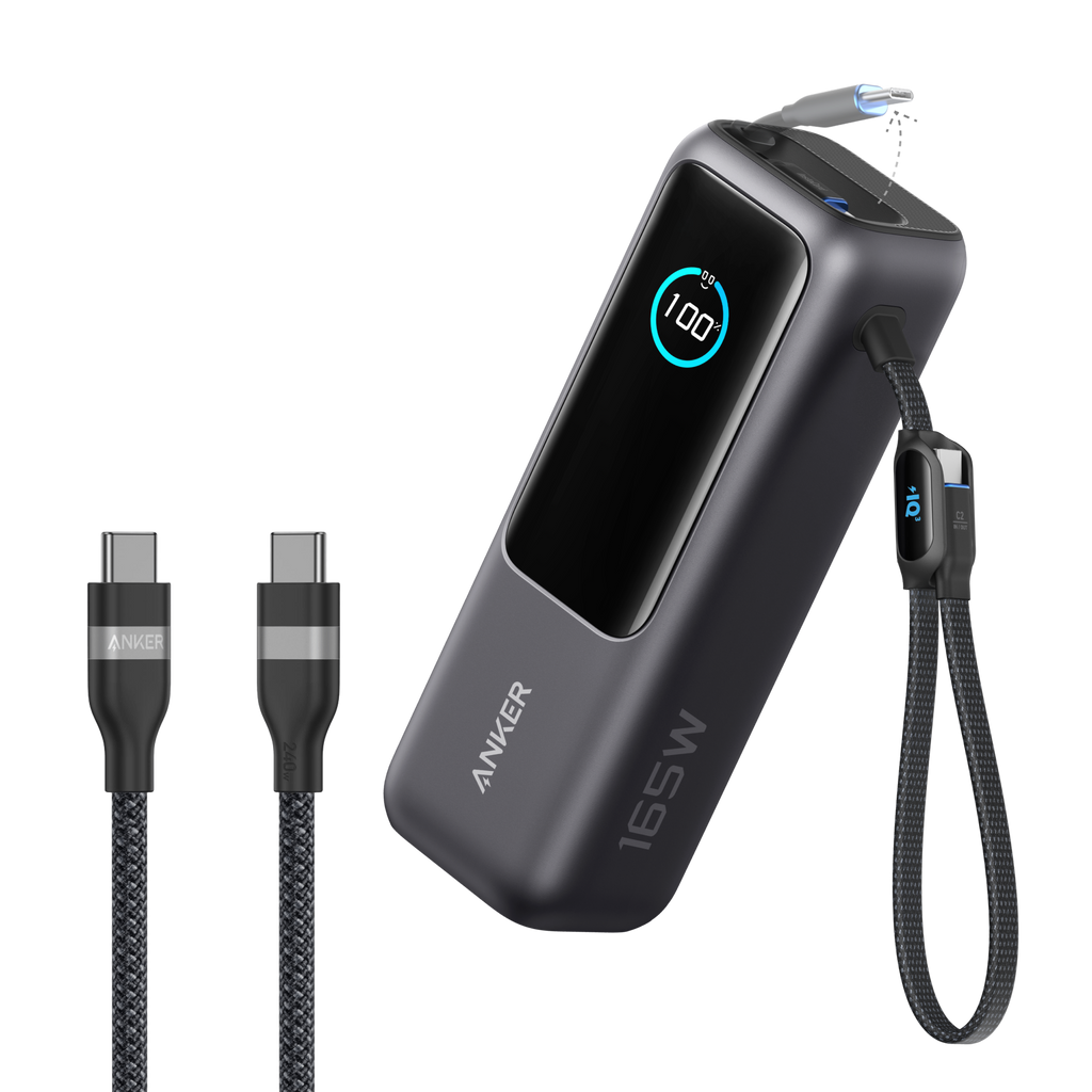 Anker Laptop Power Bank (25K, 165W, Built-In and Retractable Cables) and Anker USB-C to USB-C Cable (6 ft, 240W, Upcycled-Braided)